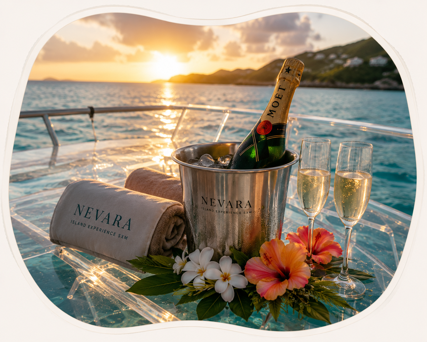 Champagne setup on Nevara at sunset for a bespoke celebration charter.